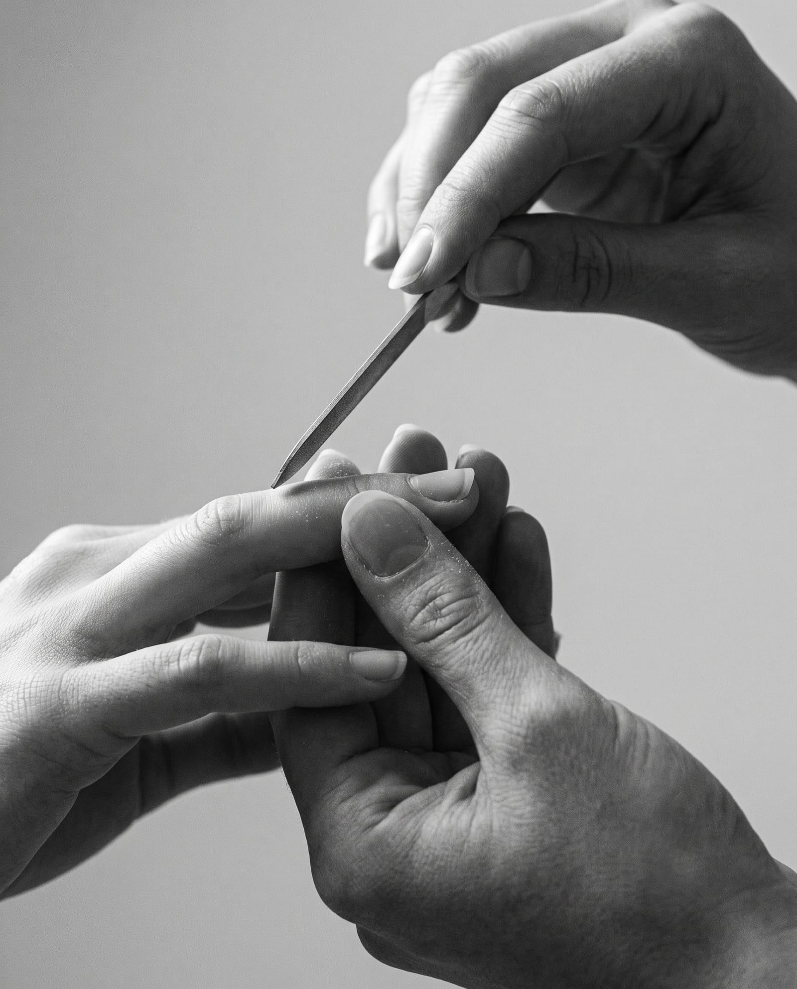 Retrato editorial em preto e branco de mãos trabalhando com precisão em um ambiente de atelier